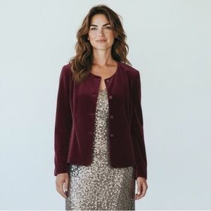 Preston & York Silk Luxe Velvet in Burgybdy Button Front Cardi Jacket Size 14